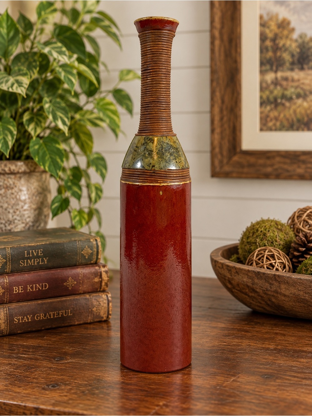Mid Century Modern Tall Vase Rust Red Olive Green Ribbed Art Vase